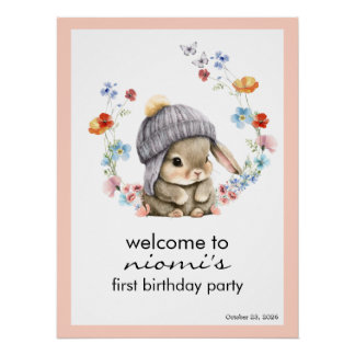 Póster Bunny Floral First Birthday Welcome Sign