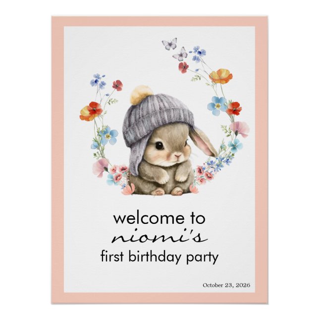 Póster Bunny Floral First Birthday Welcome Sign (Anverso)