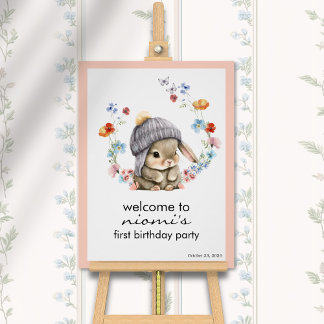Póster Bunny Floral First Birthday Welcome Sign