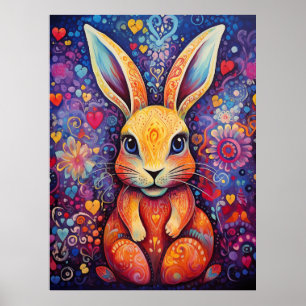 Póster Bunny Flowers corazones púrpura
