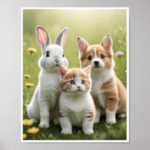 Póster Bunny Kitten Puppy Meadow Wall Art Decor Poster