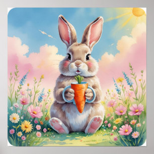 Póster Bunny Latte Break - Pastel Carrot Mug Art