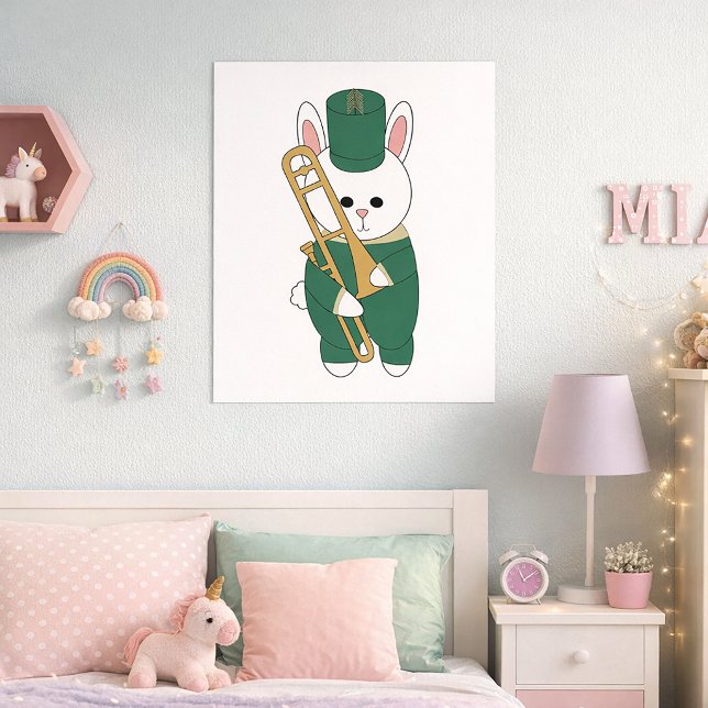 Póster Bunny Rabbit Trombone Marching Band Green Gold (A poster of a rabbit holding a trombone in a green & gold marching band uniform.)