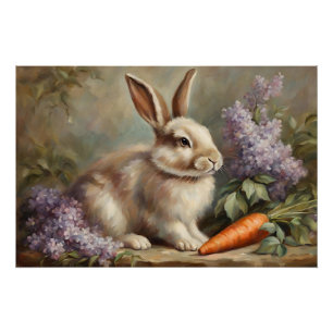 Póster Bunny vintage con flores de lagarto y zanahoria