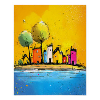 Póster Bunte Häuser am See im Pop Art Cartoon Stil