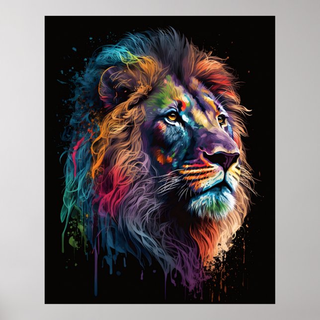 Póster Bunter Löwenkopf mit Farbtropfen (Frente)
