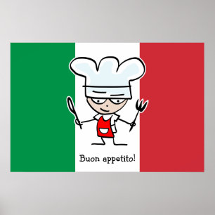 Póster Buon Appetito poster with cartoon on italian flag