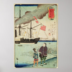 Póster Buque de guerra americano en un puerto japonés