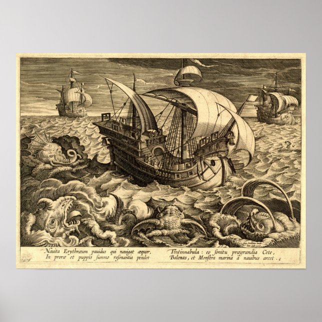 Póster Buques Antiguos De 1590 Y Monstruos Marítimos (Frente)