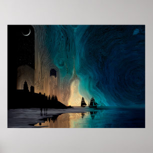 Póster Buques bajo la luna creciente y las luces del nort