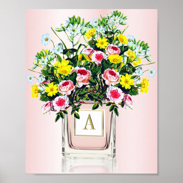 Póster Buquete floral Frasco de Perfume Rosa Monograma (Frente)