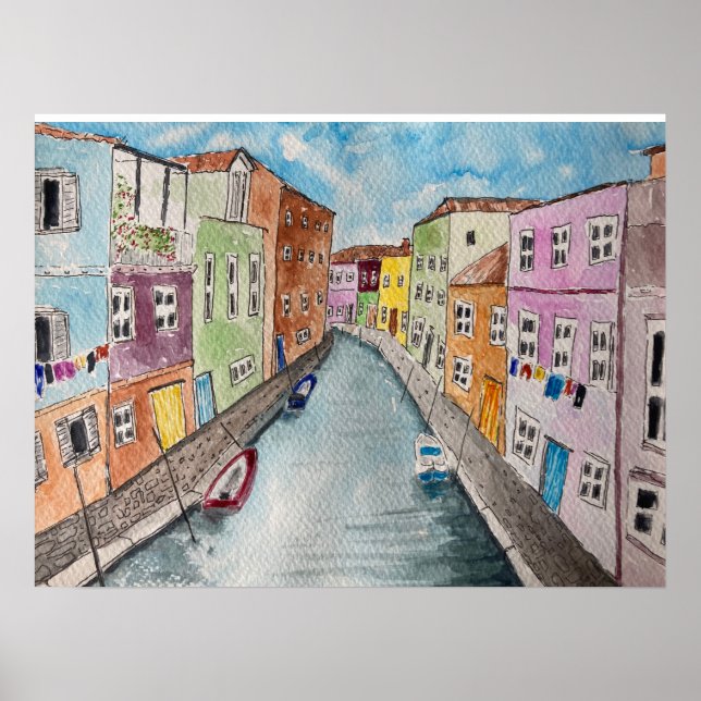 Póster Burano Venecia Casas de colores vivos (Frente)