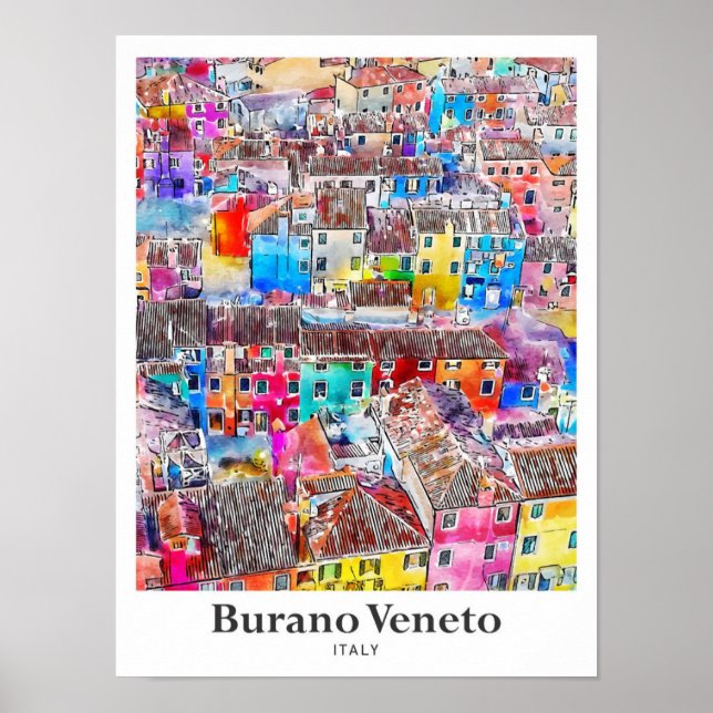 Póster Burano Veneto Italia Trae mano acuarela (Frente)
