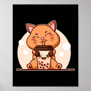 Póster Burbuja Kawaii Gato Beber Boba Tea