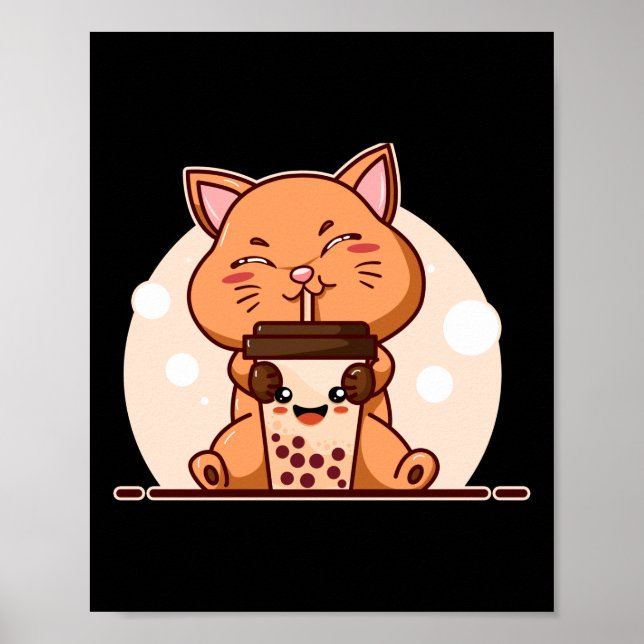 Póster Burbuja Kawaii Gato Beber Boba Tea (Frente)