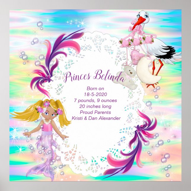 Póster Burbujas arcoiris mágicas y sirenas para bebés (Frente)