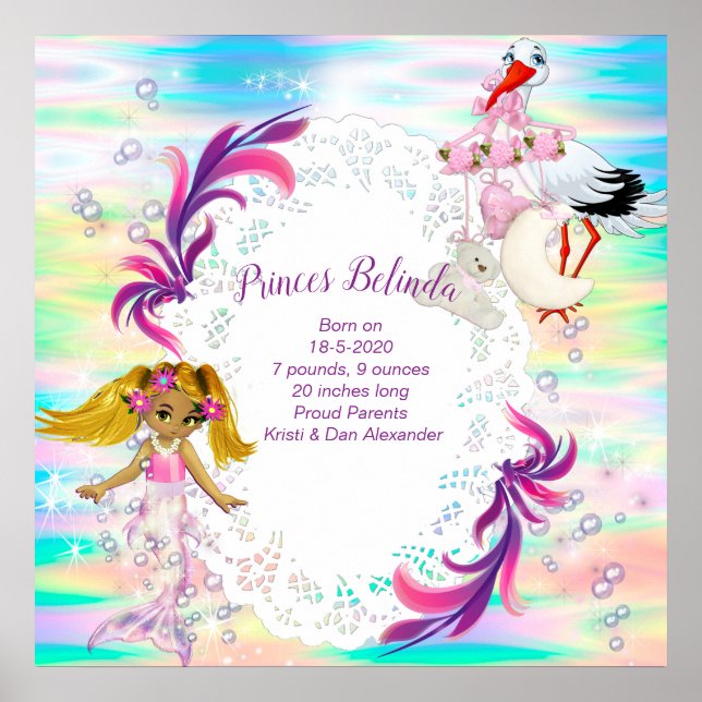 Póster Burbujas arcoiris mágicas y sirenas para bebés (Frente)