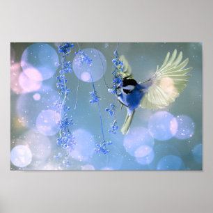 Póster Burbujas Bokeh Flying Hummingbird - Azul