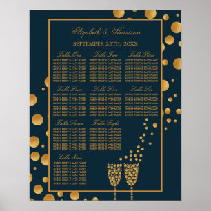 Póster Burbujas de champán de oro, carta de asientos azul