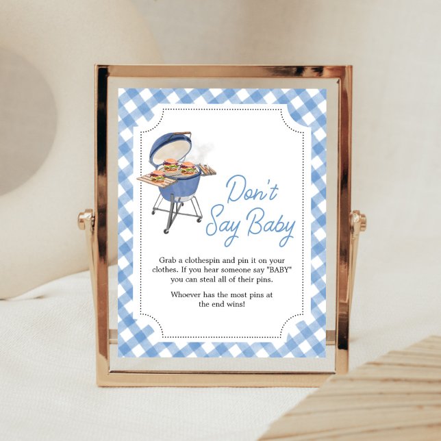 Póster Burger azul BBQ Baby Shower no dice bebé (Boy Backyard BBQ Baby Shower Don't Say Baby Sign)