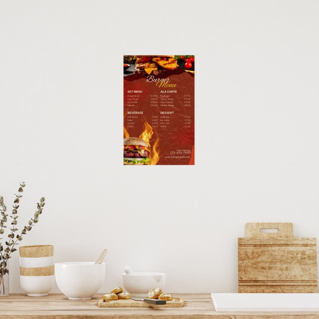 Póster Burger Menu Poster – Modern Restaurant Menu Design (Cocina)