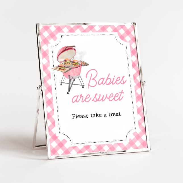Póster Burger rosa BBQ Baby Shower Los bebés son dulces (Girl Backyard BBQ Baby Shower Babies are Sweet Sign)