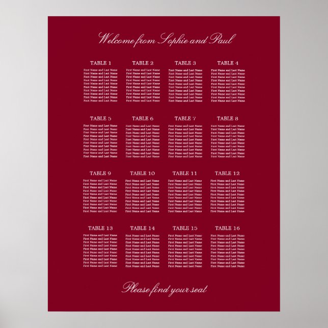 Póster Burgundy 16 Boda de mesa Poster de la tabla de asi (Frente)