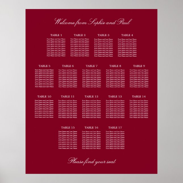 Póster Burgundy 17 Boda de mesa Poster de la tabla de asi (Frente)