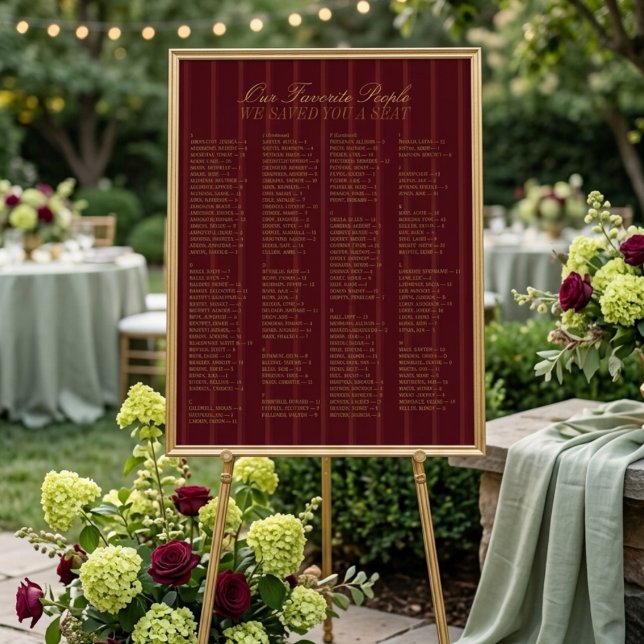 Póster Burgundy Alphabetical Wedding Seating Chart (Burgundy Alphabetical Wedding Seating Chart)