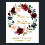 Póster Burgundy Blue Floral Wreath Gold Wedding Welcome<br><div class="desc">Elegant Watercolor Burgundy Marsala and Blue Floral Wreath Gold Welcome Poster</div>