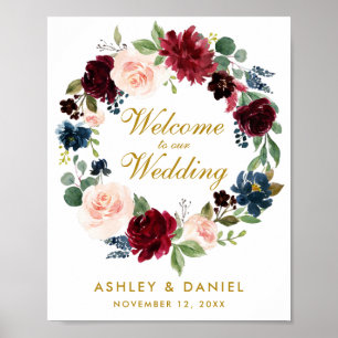 Póster Burgundy Blue Floral Wreath Gold Wedding Welcome