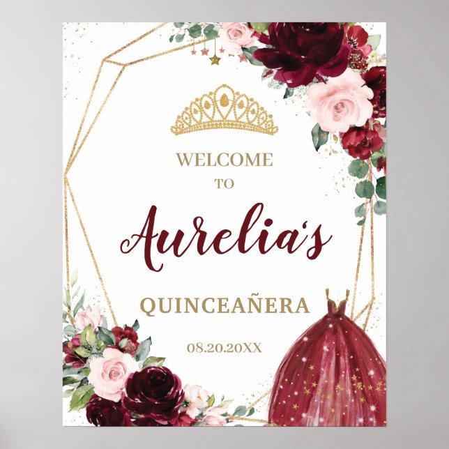 Póster Burgundy Blush Floral Quinceañera Tiara Welcome  (Frente)