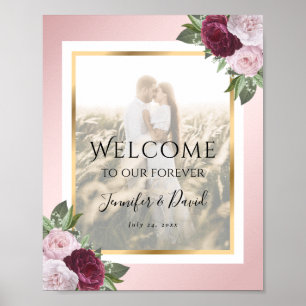 Póster Burgundy Blush Floral Wedding Photo Welcome Sign