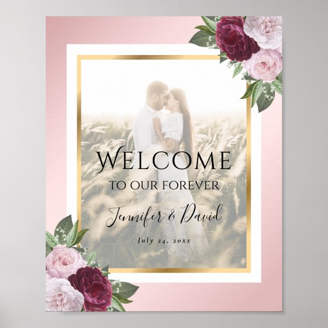 Póster Burgundy Blush Floral Wedding Photo Welcome Sign (Frente)