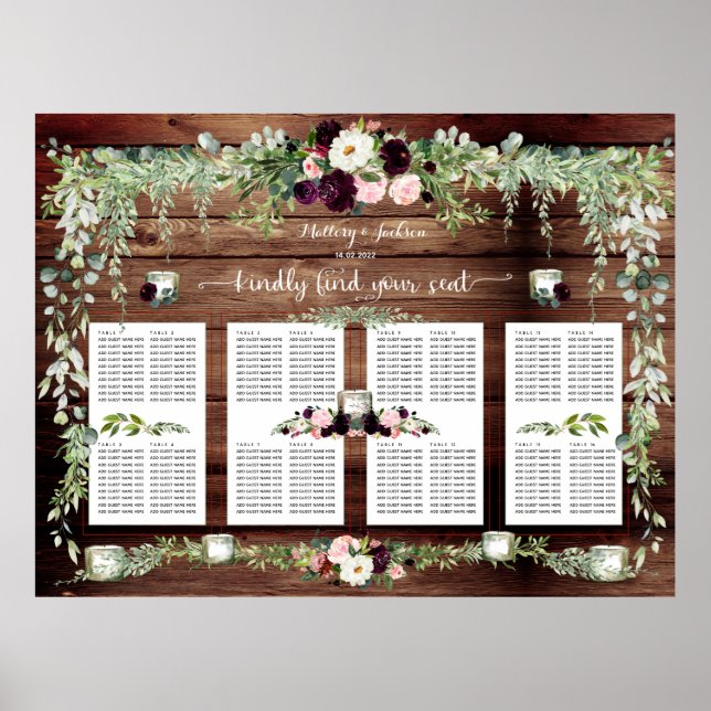 Póster Burgundy Blush Greenery Garland 160 Guest Seating (Frente)