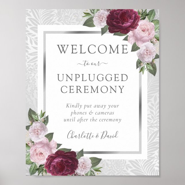 Póster Burgundy Blush Silver Unplugged Wedding Sign (Frente)