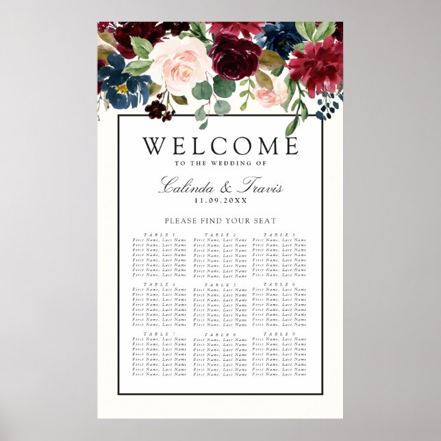 Póster Burgundy Bouquet | Floral Seating Chart (Frente)