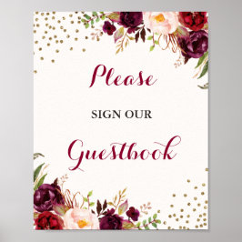 Póster Burgundy Confetti Floral Guestbook Boda Rótulo