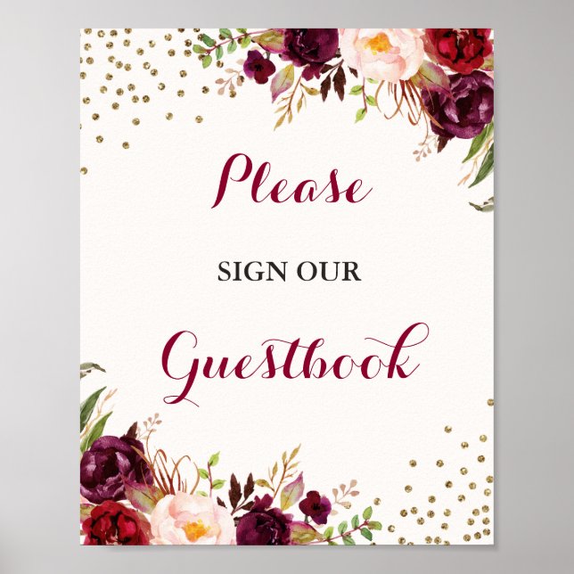 Póster Burgundy Confetti Floral Guestbook Boda Rótulo (Frente)