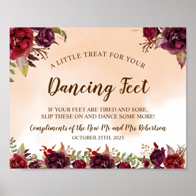 Póster Burgundy Dancing Feet Flip Flops Wedding Sign (Frente)