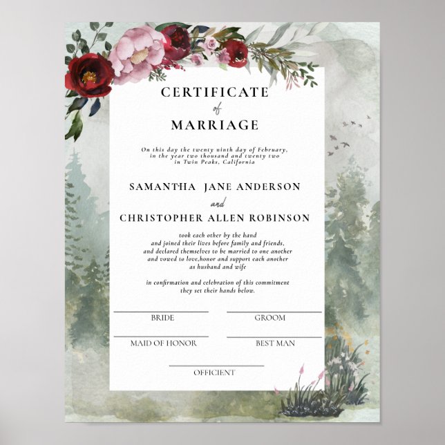 Póster Burgundy Dusty Rose Floral Certificate of Marriage (Frente)