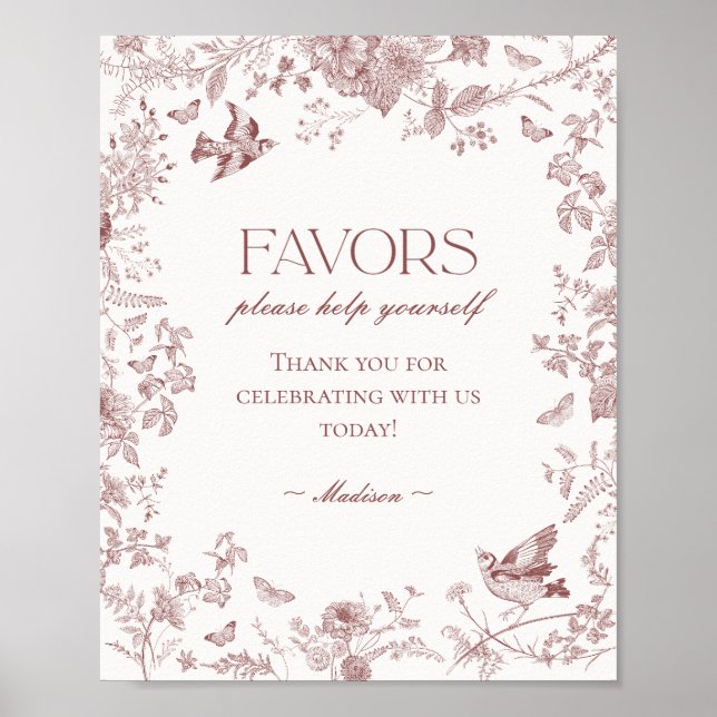 Póster Burgundy Fall Toile De Jouy Floral Favor Rótulo (Frente)