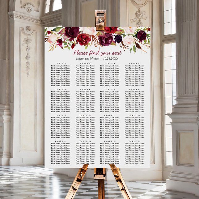 Póster Burgundy Floral 16 Tablas Boda Tabla de asientos (Subido por el creador)