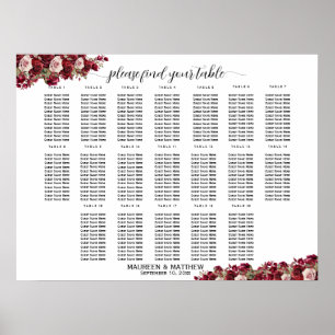 Póster Burgundy Floral 19 mesas Boda asiento