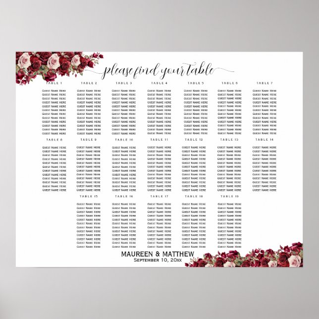 Póster Burgundy Floral 19 mesas Boda asiento (Frente)