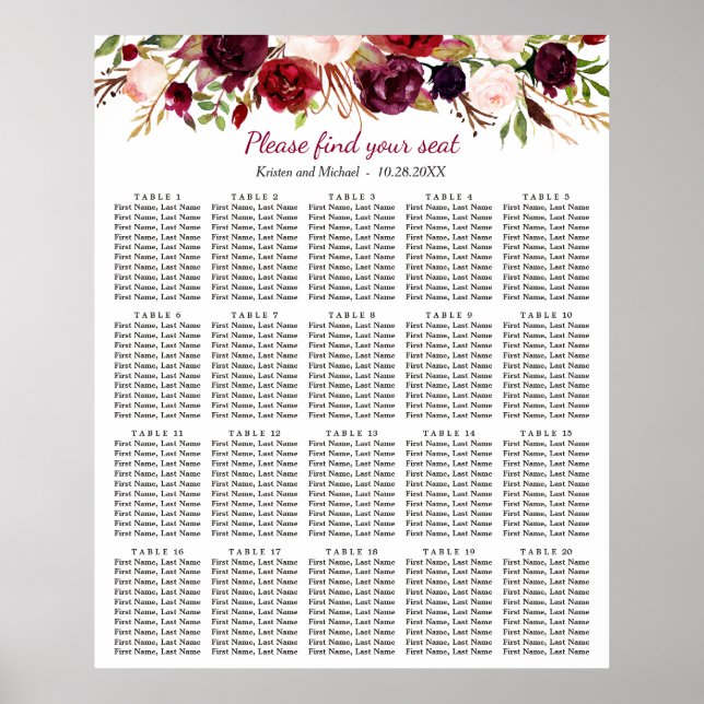 Póster Burgundy Floral 20 Tablas Tabla de asientos Boda (Frente)