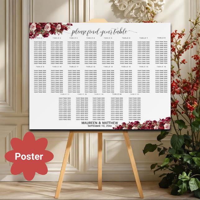 Póster Burgundy Floral 21 Tablas Asientos Boda (Subido por el creador)