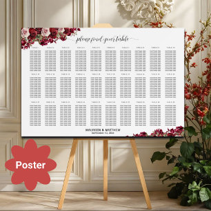 Póster Burgundy Floral 30 Tablas Asientos Boda