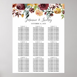 Póster Burgundy Floral 9 Tablas Tabla de asientos Boda
