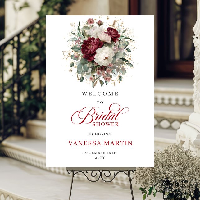 Póster Burgundy Floral Eucalyptus Gold Bridal Welcome  (Burgundy Floral Eucalyptus Gold Bridal Welcome Sign

)